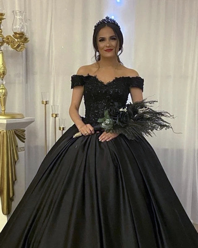 A Line Black Gothic Wedding Dresses Off the Shoulder Lace Tulle Bridal –  MyChicDress