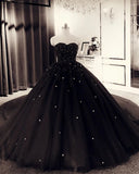 Sweetheart Ball Gown Crystals Black Prom Dresses Beaded Quinceanera Dresses