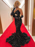 Black Iridescent Sequins Long Prom Dress V Neck Mermaid Evening Formal Dress