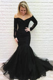 Mermaid Beaded Prom Dresses Black Lace Long Sleeves Formal Dress Off Shoulder