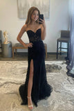 Black Lace Prom Dresses Strapless Split Long Evening Dresses Mermaid