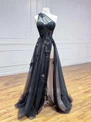 2024 Black One Shoulder Long Prom Dresses Formal Dress with Split