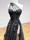 Black One Shoulder 3D Flowers Prom Dresses Long Formal Dress with Split