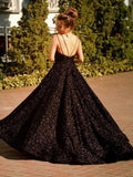 A Line Black Sequin Prom Dresses UK Long V Neck Formal Evening Gown