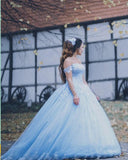 Off the Shoulder Light Blue Lace Ball Gown Quinceanera Dresses