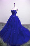 Blue Lace Floral Prom Dresses Tulle Applique Sweetheart Ball Gown Formal Dresses