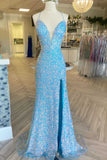 Blue Iridescent Sequin Prom Dresses V Neck Mermaid Graduation Dress Split