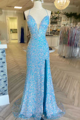 2024 Blue Iridescent Sequin Prom Dresses V Neck Mermaid Graduation Dress Split