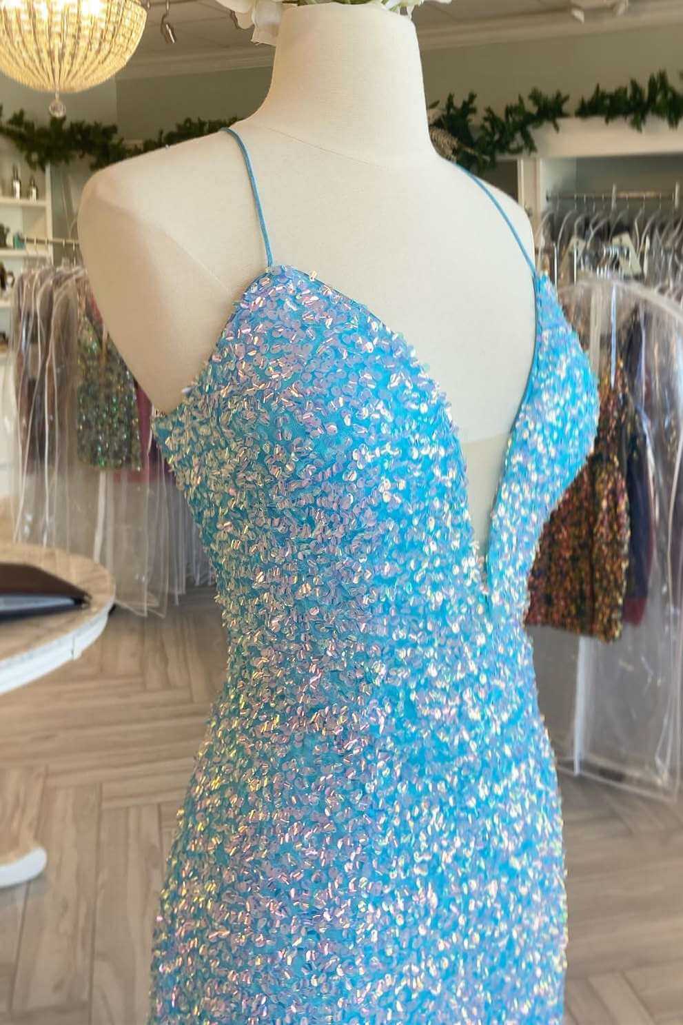 2024 Blue Iridescent Sequin Prom Dresses V Neck Mermaid Graduation Dre ...