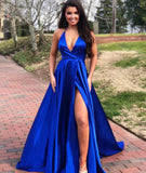 Simple Blue Satin Prom Dresses Long V Neck Evening Dresses with Split