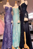 Blue Sequins Long Prom Dress Lace Spaghetti Straps Formal Dress with Slit