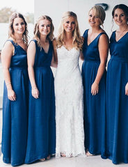 A Line Long Chiffon Blue Bridesmaid Dresses Sleeveless Backless