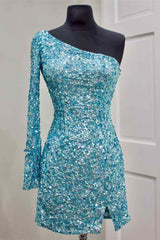 2024 One Shoulder Burgundy Sequin Prom Dresses Short Homecoming Dress
