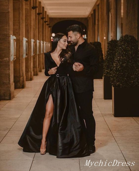 Heels Black Prom Long Sleeve Silk Dress For Women A-Line V-Neck Satin Burgundy Long Heels Black Prom Long Sleeve Silk Dress For Women A-Line V-Neck Satin Burgundy Long