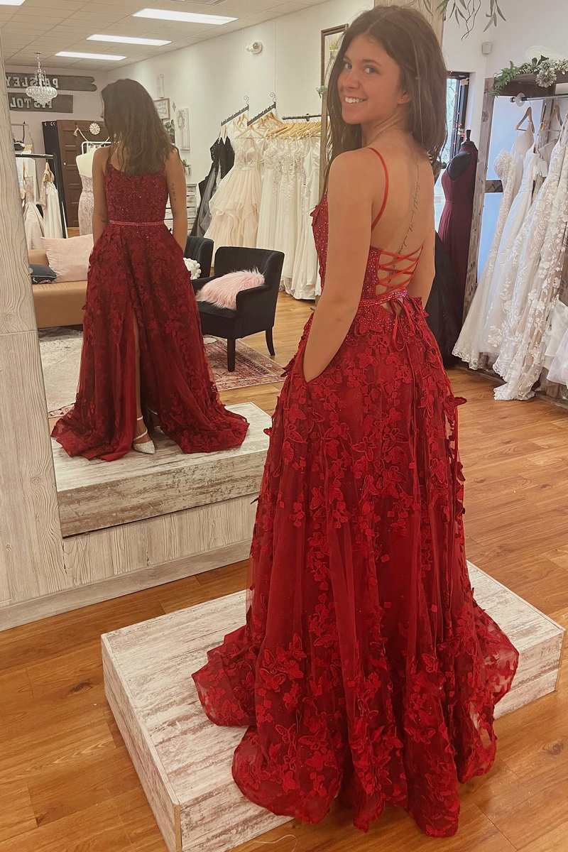 Burgundy Square Neck A-Line Prom Dresses Lace Appliques Formal Gown with Slit US4 / Custom Color Burgundy Square Neck A-Line Prom Dresses Lace Appliques Formal Gown with Slit US4 / Custom Color