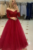 Long Sleeves Burgundy Prom Dresses Lace Off Shoulder Tulle Formal Evening Dresses