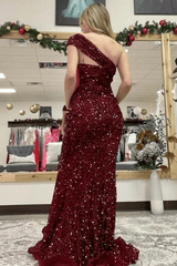Burgundy Sequin One Shoulder Prom Dresses 2024 Mermaid Long Formal Dress