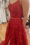 Burgundy Square Neck A-Line Prom Dresses Lace Appliques Formal Gown with Slit