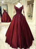 Long Sleeves Ball Gown Lace Appliques Prom Dresses Burgundy Evening Dress
