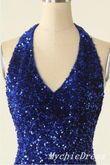 Cheap Halter Royal Blue Homecoming Dresses Mini Tight Sparkly Cocktail Dress MyChicDress