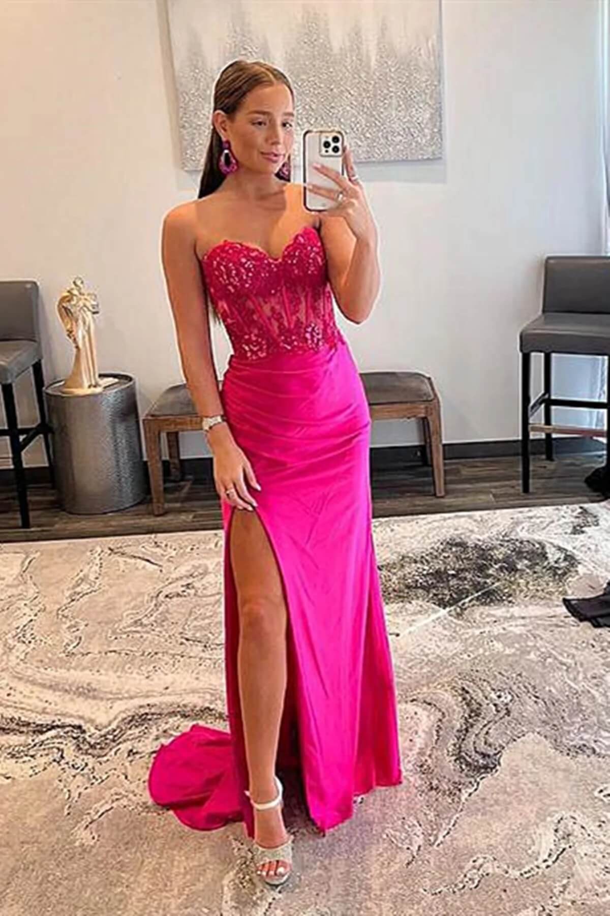 Cheap Hot Pink Lace Prom Dresses Strapless Sleeveless Formal Dress wit ...