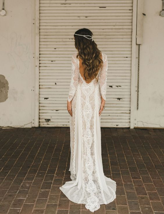 Cheap Lace Bohemian Bridal Gowns UK Long Sleeves Vintage Wedding Dress MyChicDress