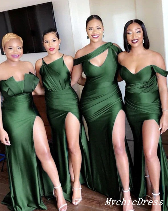 Cheap Olive Green Wedding Guest Dresses Satin Mermaid Mismatched