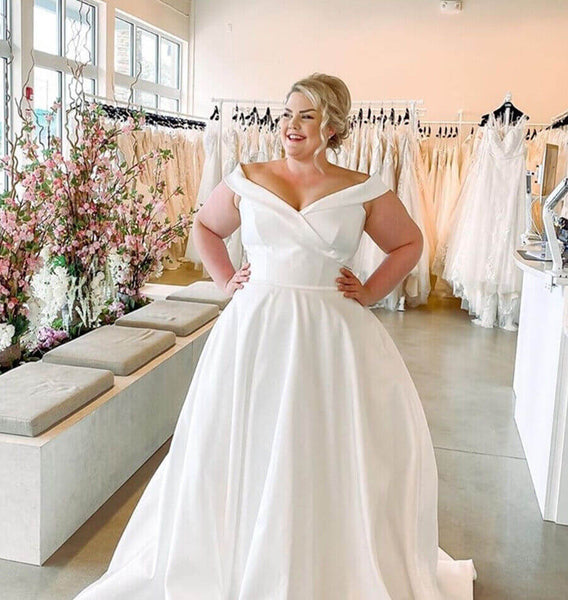 Cheap Satin Plus Size Wedding Dresses Off Shoulder A Line Bridal