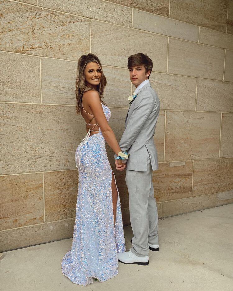 Cheap White Iridescent Sequin Prom Dresses Sparkly Evening Gown