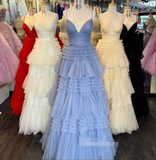 Cheap 2024 Prom Dresses Sequin Tulle V Neck Ruffles Formal Dresses Long