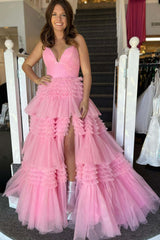 Cheap 2024 Tulle Prom Dresses V Neck Spaghetti Straps Formal Dresses Long with Split