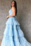 Cheap 2024 Tulle Prom Dresses V Neck Spaghetti Straps Formal Dresses Long with Split