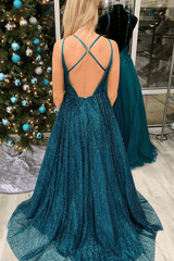 Cheap A-Line Teal Prom Dress 2024 Long Spaghetti Straps Glitter Formal Dress