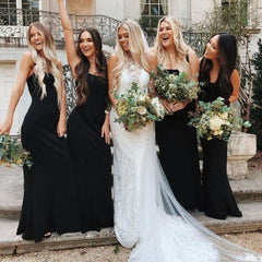 Cheap Black Bridesmaid Dresses Mermaid Square Sleeveless Wedding Guest Dress