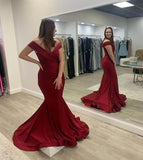 Cheap Burgundy Satin Formal Dresses Off the Shoulder 2023 Prom Dress