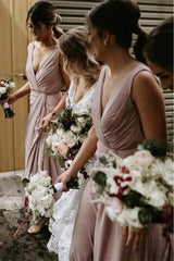 Cheap Chiffon Blush Pink Bridesmaid Dresses Sleeveless Deep V Neck