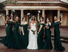 Cheap Dark Green Bridesmaid Dresses Off Shoulder Long Wedding Party Dress