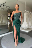Cheap Dark Green Prom Dress Sequins Satin Formal Dress With Split