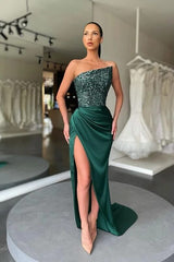 2024 Cheap Dark Green Prom Dress Sequins Satin Formal Dress With Split