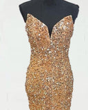 Cheap Gold Sequin Iridescent Prom Dresses 2024 Strapless Long Mermaid Formal Dress
