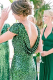 Cheap Green Sequin Bridesmaid Dresses Long Emerald Wedding Guests Dress Draped