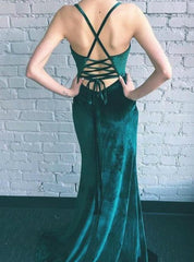Cheap Green Velvet Prom Dresses Mermaid Spaghetti Straps Pleats With Side Split