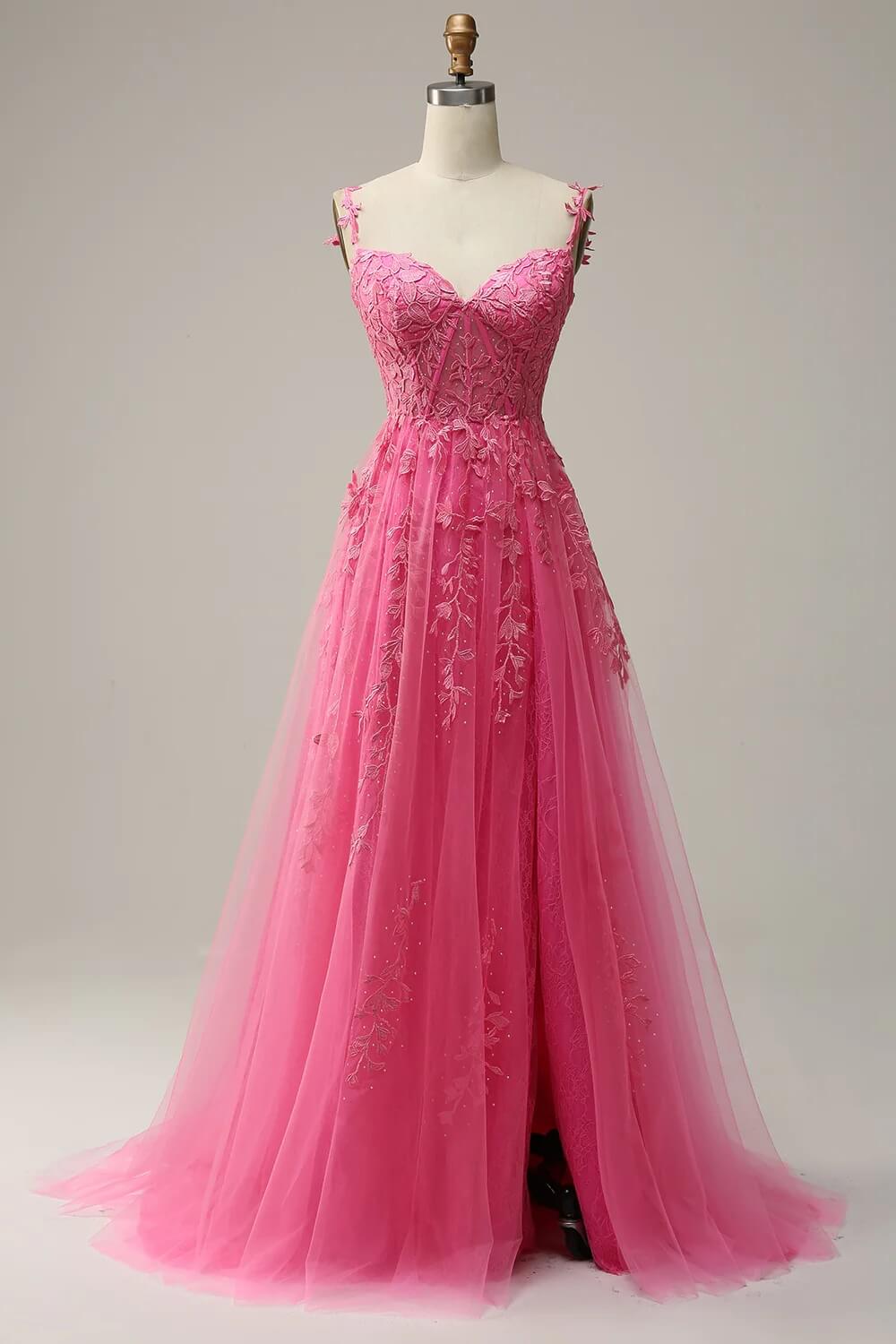 Cheap Hot Pink Lace Corset Prom Dresses
