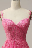 Cheap Hot Pink Lace Corset Prom Dresses A Line Formal Gowns