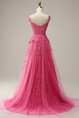 Cheap Hot Pink Lace Corset Prom Dresses A Line Formal Gowns