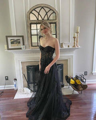 Cheap Lace Black Prom Dresses 2024 Strapless A Line Formal Dress