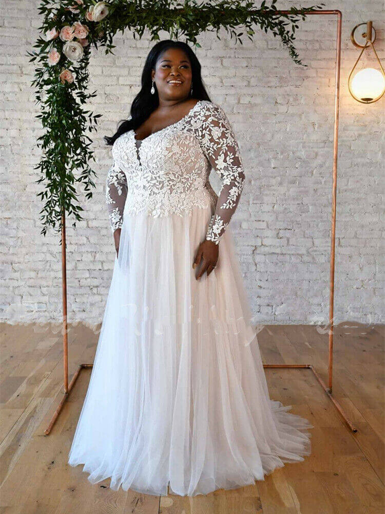 Cheap Lace Tulle Plus Size Wedding Dresses Long Sleeves V Neck Backles