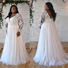 Cheap Lace Tulle Plus Size Wedding Dresses Long Sleeves V Neck Backless