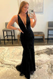Cheap Long Black Lace Prom Dresses V Neck Backless Mermaid Formal Dresses