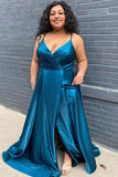 Cheap Long Blue Satin Prom Dress Plus Size Peacock V Neck Formal Dress with Slit
